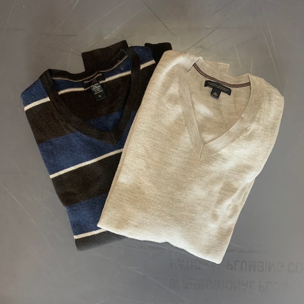 Banana Republic V-Neck Sweaters - Blue Stripe and Beige